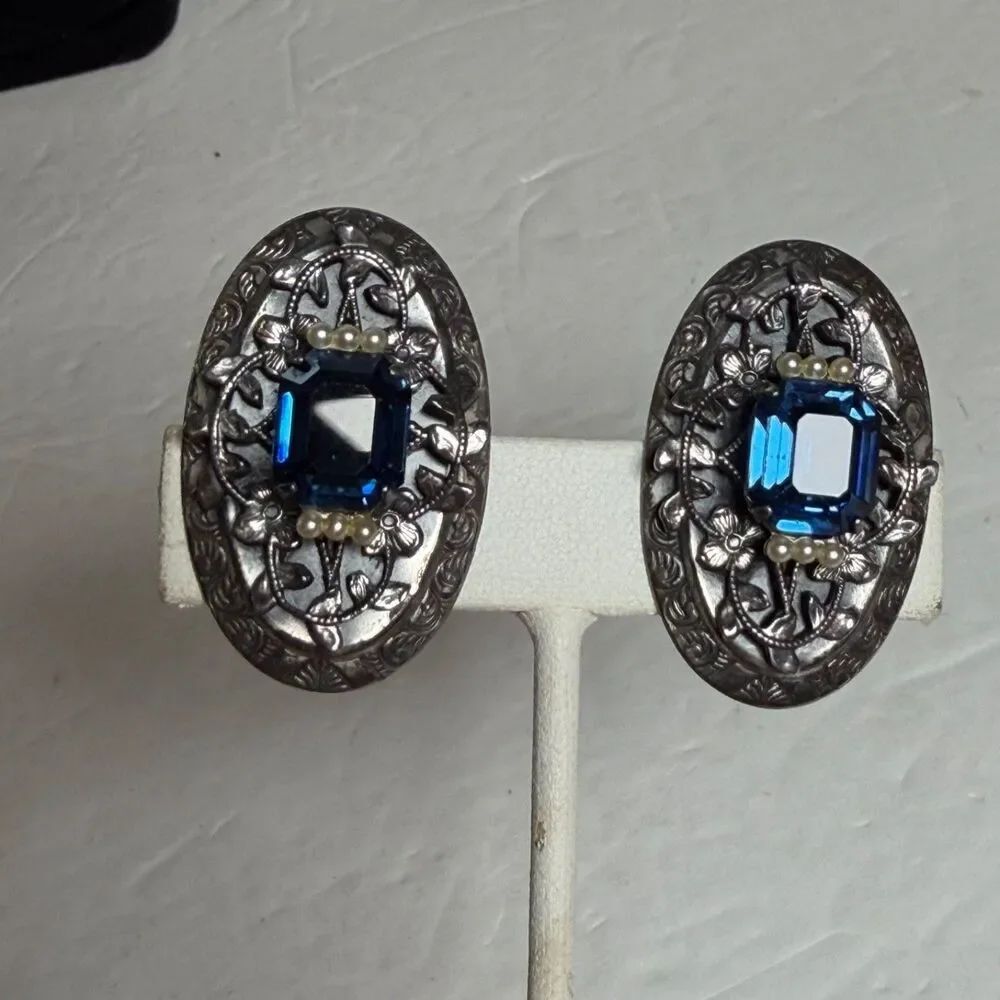 Vintage Art Deco Style Blue Glass Faux Seed Pearl Silver Tone Clip Earrings